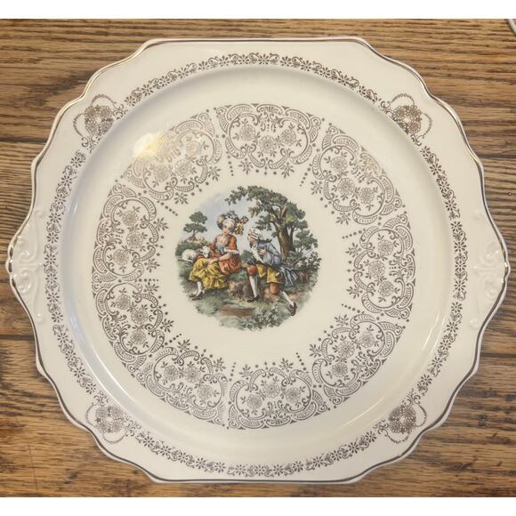 Harker Queen Anne COLONIAL COUPLE Cake Plate 22k Gold Scroll Floral LARGE 12.25” - Picture 1 of 8